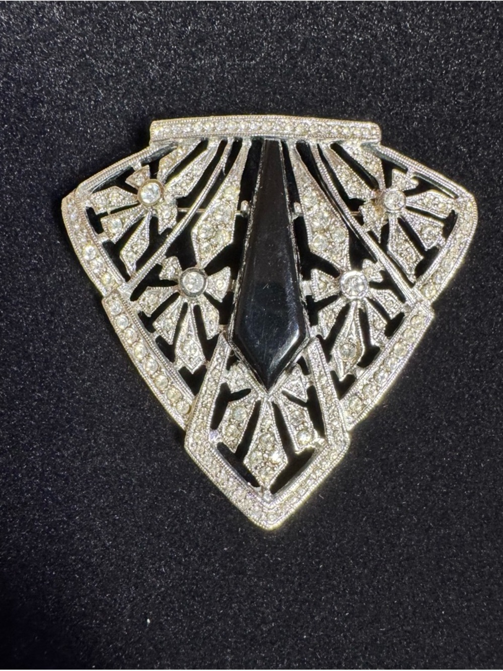 Vintage Les Bernard Brooch Art Deco Onyx Crystal Pave Rhodium Plated Brooch